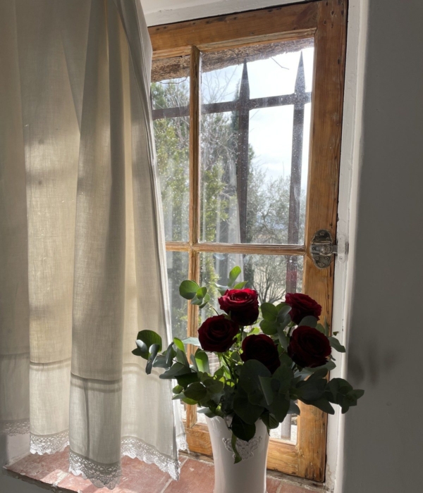 A vase of red roses in front of an old, sunny window and a light curtain.