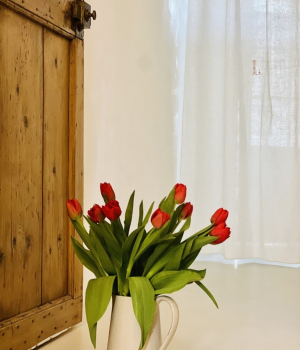 Eine Vase mit frischen roten Tulpen in der Nähe eines Fensters und einer Holztür.