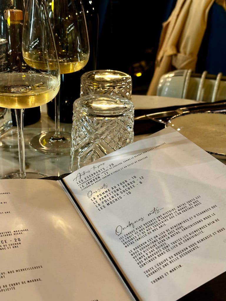Wine and dessert list of an elegant restaurant in Madrid.