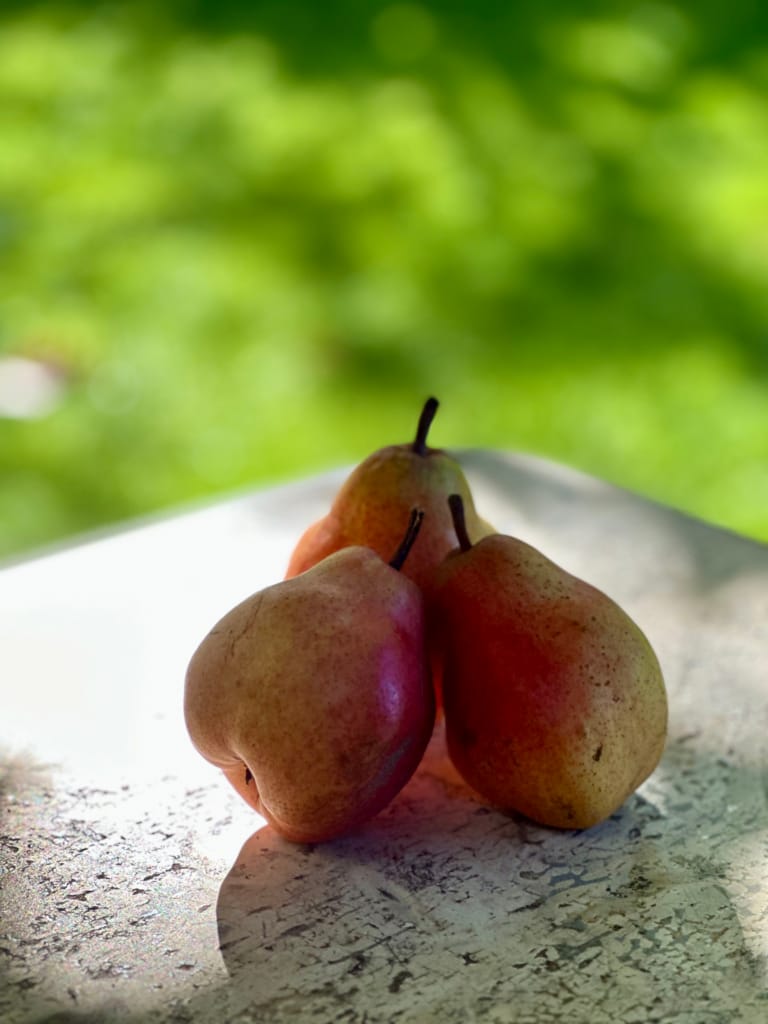 Drei frische Birnen liegen auf einer dunklen, von Sonnenlicht erhellten Oberfläche.