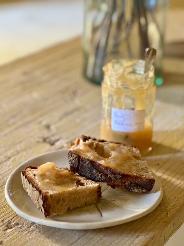 Geröstete Brotscheiben mit Aprikosenmarmelade auf einem weißen Teller.
