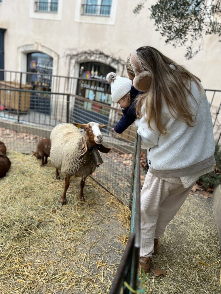 Une mère et son enfant nourrissent un mouton dans un enclos.