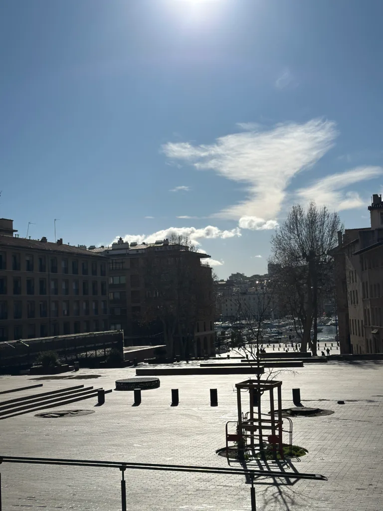 Place publique ensoleillé avec des bâtiments et des arbres au bord de l'eau.