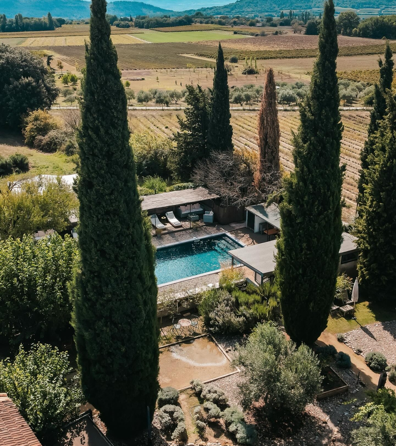 La piscine du domaine vue du ciel, entre les cyprès, face au Luberon
