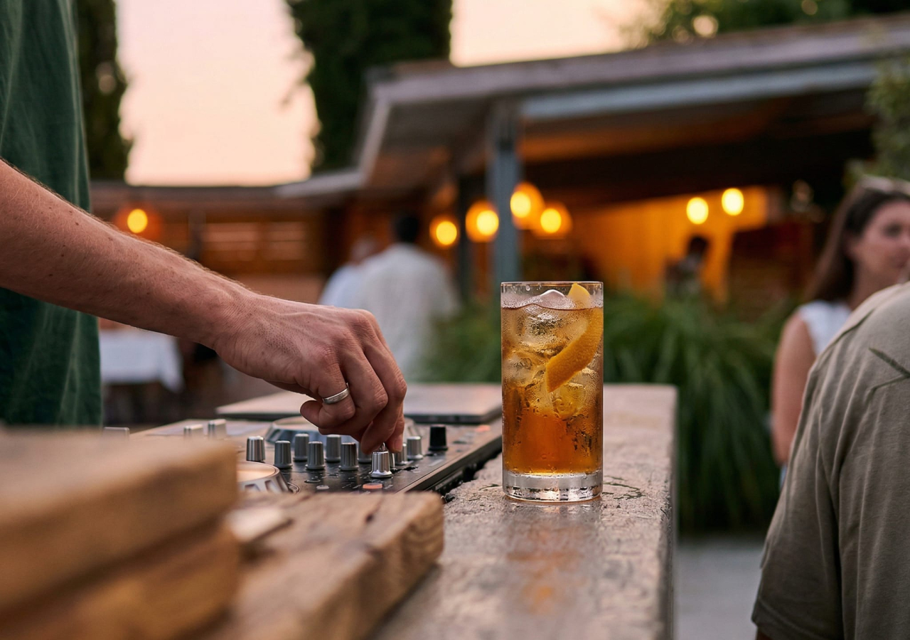 Un barman prépare un cocktail rafraîchissant en soirée, dans un cadre agréable.