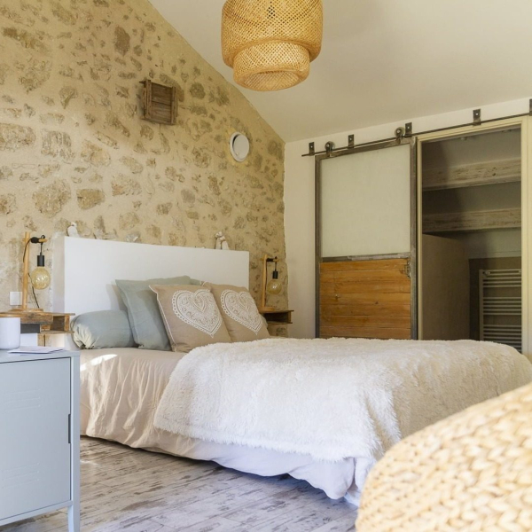 a room with a bed and a table