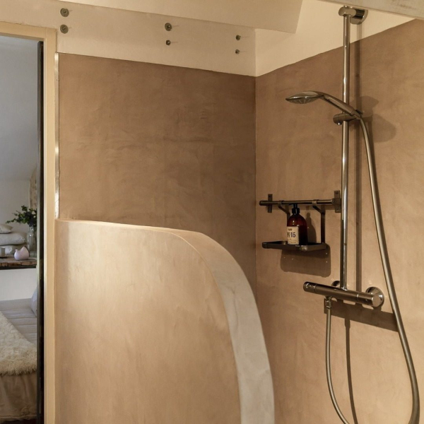 a bathroom with shower and bed