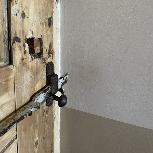 Eine alte Holztür mit einem rostigen Schloss und Anzeichen von Fäulnis.